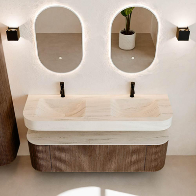 MONDIAZ THOR-DLUX 150cm meuble de salle de bains arrondi gauche + droite couleur Walnut avec 1 tiroir et 2 portes. Vasque suspendue CLOUD Double 2 trous de robinet couleur Meli.