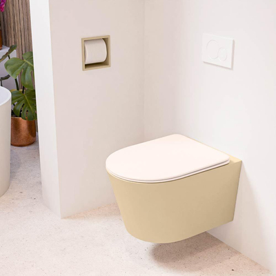 Mondiaz LAVIE hangtoilet – spoelrandloos – 36 x 53 cm – met softclose zitting – Sand (beige), zitting Rosee (roze)