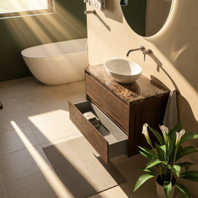 Saniclass Holz Pure Ensemble de meubles de salle de bains - 100x45x63cm - Plan en pierre naturelle Noche dark emperador - sans trou de robinetterie - 2 tiroirs - chêne charcoal mat (bois)