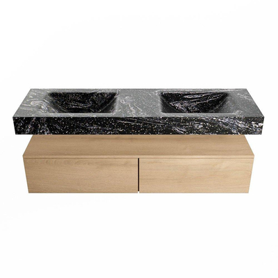 Mondiaz ALAN-DLUX Ensemble de meuble - 150cm - meuble Washed Oak mat - 2 tiroirs - Lavabo Cloud Lava suspendu - vasque Gauche et droite - 0 trous de robinet