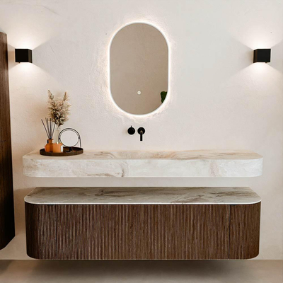 MONDIAZ THOR-DLUX Meuble de salle de bains - 170cm - arrondi gauche + droite - couleur Walnut - 1 tiroir - 2 portes - Vasque suspendue CLOUD Milieu sans trou de robinet - couleur Frappe