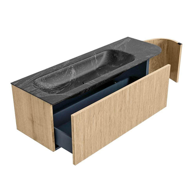 MONDIAZ KURVE-DLUX meuble de salle de bains 135cm avec module 25 R couleur Oak avec 1 tiroir et 1 porte. Lavabo BIG MEDIUM gauche sans trou de robinet couleur Lava.