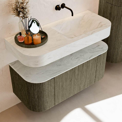 MONDIAZ THOR-DLUX 110cm meuble de salle de bains arrondi gauche + droite couleur Shadow avec 1 tiroir et 2 portes. Vasque suspendue CLOUD Droite sans trou de robinet couleur Opalo.