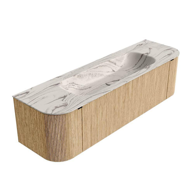 MONDIAZ KURVE-DLUX Meuble de salle de bains 160cm arrondi gauche + droite couleur Chêne avec 1 tiroir et 2 portes. Lavabo BIG MEDIUM Central 1 trou de robinet Nata.