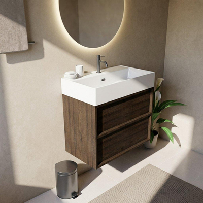 Saniclass Holz Frame Ensemble de meubles de salle de bains - 80x45x72cm - lavabo Legend en céramique blanc - 1 vasque - 1 trou de robinetterie - 2 tiroirs - chêne charcoal mat (bois)