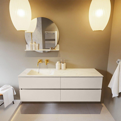 Mondiaz VICA-DLUX ensemble de meuble de salle de bain - 150cm - meuble sous-vasque lin - 4 tiroirs - lavabo encastrée nuage gauche - sans trous de robinet - version haute de 60cm - opalo