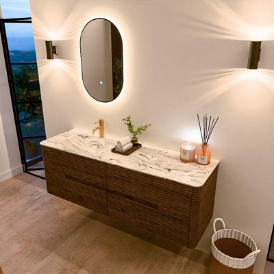Mondiaz CIRO-DLUX Badkamermeubelset - 150x45x50cm - Solid surface wastafel Glace - 1 wasbak Links - 1 kraangat - 4 lades - Dusk