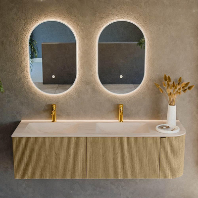 MONDIAZ KURVE-DLUX Meuble de salle de bains 155cm arrondi à droite couleur Dusk avec 2 tiroirs et 1 porte. Lavabo LEAF Double / Gauche 2 trous de robinet Meli.