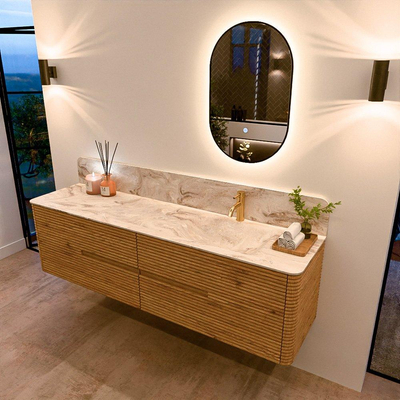 Mondiaz CIRO-DLUX Badkamermeubelset - 180x45x50cm - Solid surface wastafel Frappe - 1 wasbak Rechts - 1 kraangat - 4 lades - Oak