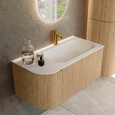 MONDIAZ KURVE 95cm badmeubel met module 25 L kleur Oak met 1 lade en 1 deur. Wastafel BIG SMALL rechts 1 kraangat Talc.