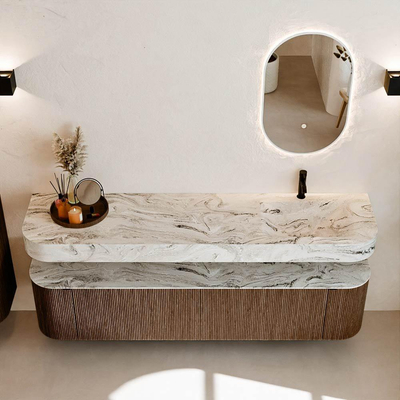 MONDIAZ THOR-DLUX 190cm meuble de salle de bains arrondi gauche + droite couleur Walnut avec 2 tiroirs et 2 portes. Vasque suspendue CLOUD Droite 1 trou de robinet couleur Glace.