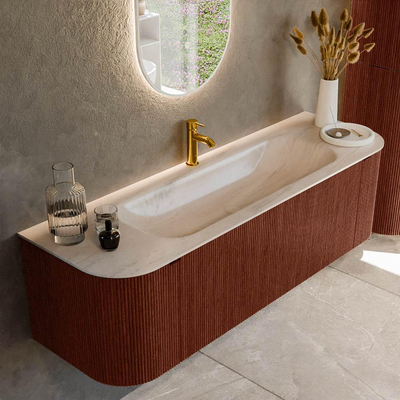 MONDIAZ KURVE-DLUX 150cm badmeubel ronding Links + Rechts kleur Ruby met 1 lade en 2 deuren. Wastafel BIG MEDIUM Midden 1 kraangat Meli.