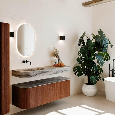 MONDIAZ THOR-DLUX 140cm meuble de salle de bains arrondi gauche + droite couleur Ruby avec 1 tiroir et 2 portes. Vasque suspendue CLOUD Gauche sans trou de robinet couleur Sombra.