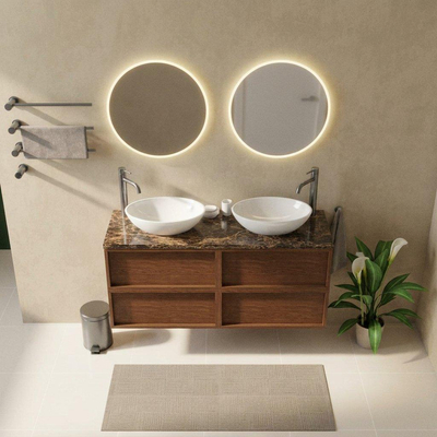 Saniclass Holz Frame Ensemble de meubles de salle de bains - 140x45x63cm - Plan de travail en pierre naturelle Noche dark emperador - 2 trous de robinet - 4 tiroirs - brillant walnut pure (bois)