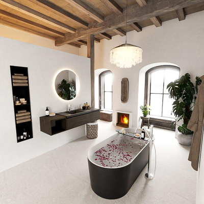 MONDIAZ BUKLA Meuble de salle de bains 160 cm avec module ouvert 40 à gauche couleur Dark Brown avec 2 tiroirs. Lavabo CLOUD central 1 trou de robinet couleur Urban.