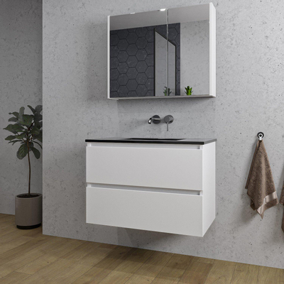 Saniclass Chaci Meuble de salle de bain - 80x46x55cm - lavabo en céramique noir - 1 vasque - sans trou de robinet - 2 tiroirs - armoire miroir - blanc mat