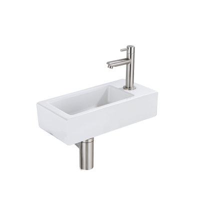 QeramiQ Fuente Fonteinset - 37.5x18.5x9cm - keramiek - kraangat rechts - fonteinkraan geborsteld RVS - afvoerplug - verlaagd sifon - Mat wit