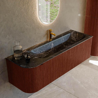 Mondiaz KURVE-DLUX Badkamermeubelset - 145x46x40cm - 1 lade - 1 deur - wastafel solid surface - rechts - 1 kraangat - Ruby
