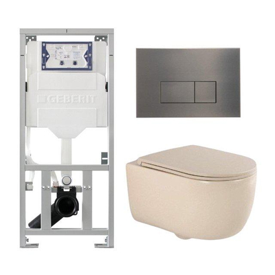 QeramiQ Dely Swirl Ensemble WC - 36.3x51.7cm - Réservoir encastré Geberit UP320 - Abattant fin - Plaque de commande en gunmetal - Boutons rectangulaires - Beige