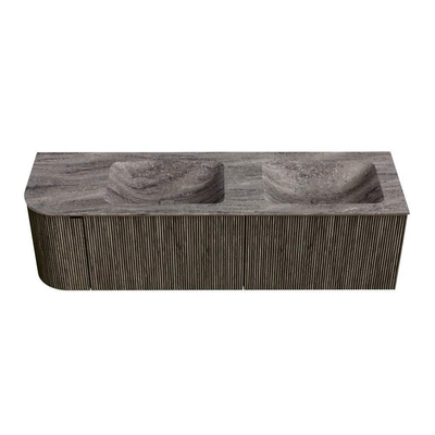 MONDIAZ KURVE-DLUX 155cm meuble de salle de bains arrondi à gauche couleur Shadow avec 2 tiroirs et 1 porte. Lavabo LEAF Double / Droite sans trou de robinet Oza.
