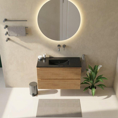 Saniclass Holz Atelier Ensemble meuble de salle de bains - 100x45x62cm - lavabo en céramique Vygo noir - 1 vasque - sans trou de robinetterie - 2 tiroirs - chêne natural mat (bois)