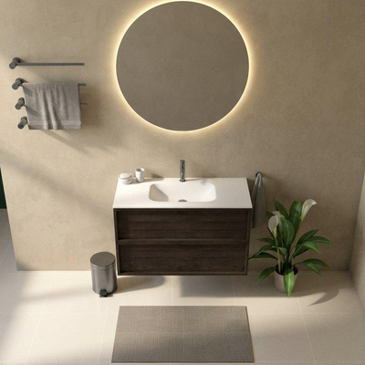 Saniclass Holz Frame Ensemble meuble de salle de bains - 100x45x61.5cm - Flow lavabo en solid surface blanc - 1 vasque - 1 trou de robinet - 2 tiroirs - chêne charcoal mat (bois)