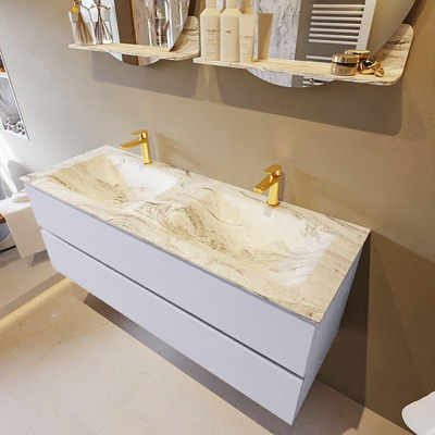 Mondiaz VICA-DLUX ensemble de meuble de salle de bain - 130cm - meuble sous-vasque cale - 2 tiroirs - lavabo encastré cloud double - 2 trous de robinet - version haute de 60cm - glace