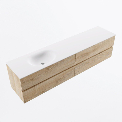 Mondiaz VICA ensemble de meuble de salle de bain - 200cm - meuble sous-vasque chêne blanchi - 4 tiroirs - lavabo lune gauche - sans trous de robinet - version haute 60cm - talc