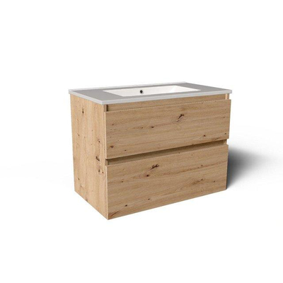 Saniclass Vita Meuble de salle de bains - 80x60x46cm - 2 tiroirs - sans poignée - 1 vasque - sans percage robinet - trop-plein - céramique - chêne rustique