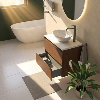 Saniclass Holz Pure Ensemble de meubles de salle de bains - 80x45x63cm - Plan vasque en marbre Dia poli (blanc) - 1 trou de robinet - 2 tiroirs - walnut pure mat (bois)