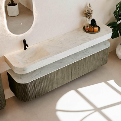 MONDIAZ THOR-DLUX 200cm meuble de salle de bains arrondi gauche + droite couleur Shadow avec 2 tiroirs et 2 portes. Vasque suspendue CLOUD Gauche 1 trou de robinet couleur Opalo.