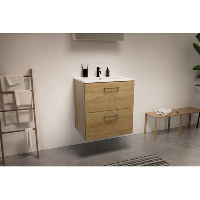 Nemo Go Ensemble de meuble - 60x65x45.5cm - 2 tiroirs - avec poignée - 1 vasque Blanc brillant - 1 trous de robinet - avec armoire toilette - MDF Riverside oak