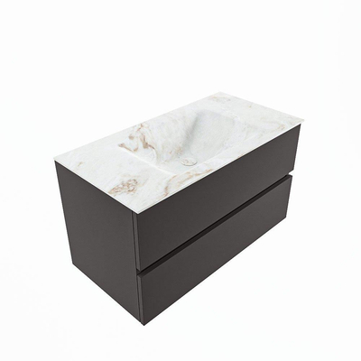 Mondiaz VICA-DLUX Ensemble de meuble de salle de bain - 90cm - meuble sous-vasque gris foncé - 2 tiroirs - lavabo encastré nuage milieu - sans trous de robinet - version haute de 60cm - frape