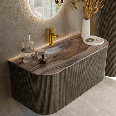 MONDIAZ KURVE-DLUX Meuble de salle de bains 100cm arrondi Gauche + Droite couleur Shadow avec 1 tiroir et 2 portes. Plan-vasque GRUNNE Central 1 trou de robinetterie Sombra.