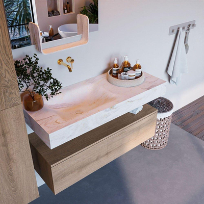 Mondiaz ALAN-DLUX Ensemble de meuble - 110cm - meuble Washed Oak mat - 1 tiroir - Lavabo Cloud Ostra suspendu - vasque Gauche - 0 trous de robinet