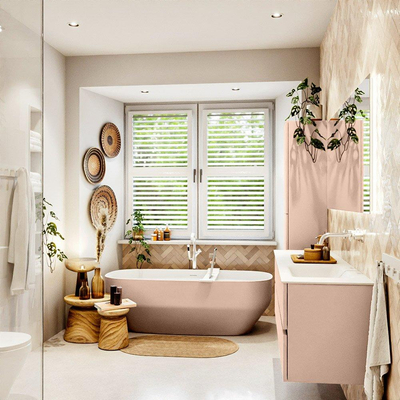 MONDIAZ Vica Ensemble meuble de salle de bains - 160cm - meuble bas rosee - 4 tiroirs - lavabo cloud à droite - sans trous de robinet - version haute 60cm - talc