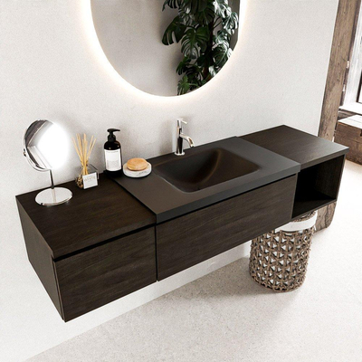 MONDIAZ BUKLA 160cm ensemble de meuble avec module ouvert 40 à droite couleur Marron Foncé avec 2 tiroirs. Lavabo CLOUD centre 1 trou de robinet couleur Urban.