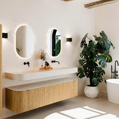 MONDIAZ THOR-DLUX 180cm meuble de salle de bains arrondi gauche + droite couleur Oak avec 2 tiroirs et 2 portes. Vasque suspendue CLOUD Double sans trou de robinet couleur Meli.