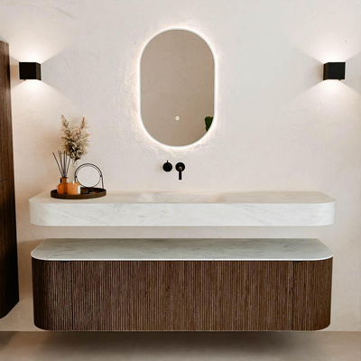 MONDIAZ THOR-DLUX 170cm badmeubel ronding links + rechts kleur Walnut met 1 lade en 2 deuren. Vrijhangende wastafel CLOUD Midden zonder kraangat kleur Opalo.