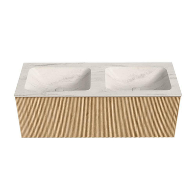 MONDIAZ KURVE-DLUX Meuble de salle de bains 120 cm couleur Oak avec 1 tiroir et 0 porte. Lavabo LEAF Double 2 trous de robinet Meli.