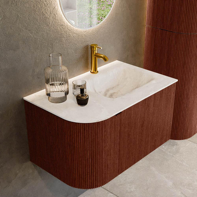 Ensemble de meuble de salle de bain Mondiaz KURVE-DLUX - 75x46x40cm - 1 tiroir - 1 porte - lavabo en solid surface - droite - 1 trou de robinet - Ruby