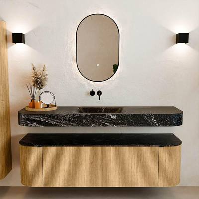 MONDIAZ THOR-DLUX 160cm meuble de salle de bains arrondi gauche + droite couleur Oak avec 1 tiroir et 2 portes. Vasque suspendue CLOUD Centre sans trou de robinet couleur Lava.