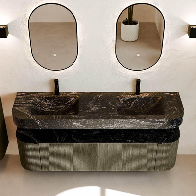 MONDIAZ THOR-DLUX Meuble de salle de bains - 170cm - arrondi gauche + droite - couleur Shadow - 1 tiroir et 2 portes - Vasque suspendue CLOUD Double 2 trous de robinet - couleur Lava