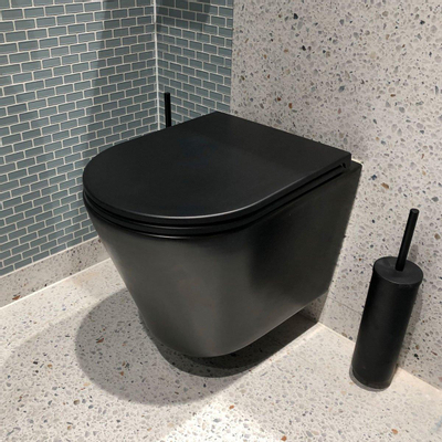 QeramiQ Dely Pack WC cuvette sans bride 36.3x51.7cm avec bâti-support Geberit UP320 abattant WC noir mat frein de chute et plaque de commande Cuivre boutons Rectangulaires