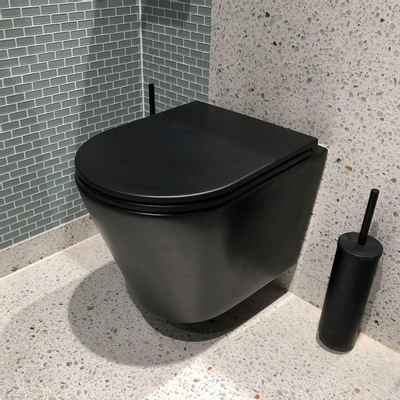 QeramiQ Dely Toiletset - 36.3x51.7cm - diepspoel - rimless - Geberit UP720 inbouwreservoir - softclose toiletzitting - mat zwarte bedieningsplaat - rechtehoekige knoppen - met Burda frame - mat zwart