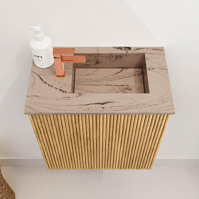 Mondiaz JOYA-DLUX 40cm toiletmeubel - kleur Oak - Wastafel FAYE positie Rechts 1 kraangat kleur Arena.