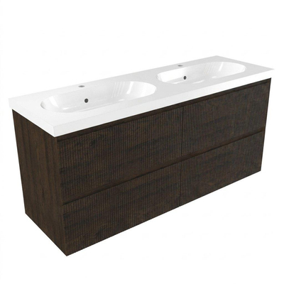 Saniclass Holz Atelier Badkamermeubelset - 140x45x63.5cm - Palermo keramische wastafel wit - 2 wasbakken - 2 kraangaten - 4 lades - mat eiken charcoal (hout)
