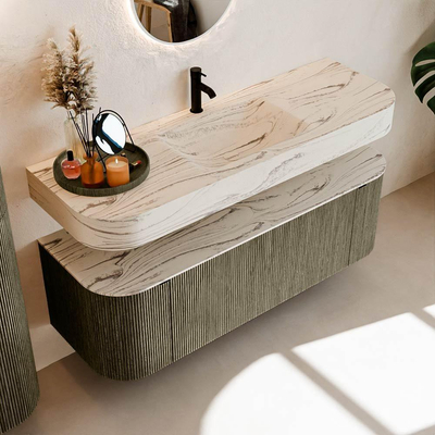 MONDIAZ THOR-DLUX 140cm meuble de salle de bains arrondi gauche + droite couleur Shadow avec 1 tiroir et 2 portes. Vasque suspendue CLOUD Milieu 1 trou de robinet couleur Nata.