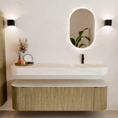 MONDIAZ THOR-DLUX 160cm meuble de salle de bains arrondi gauche + droite couleur Dusk avec 1 tiroir et 2 portes. Vasque suspendue CLOUD droite 1 trou de robinet couleur Meli.