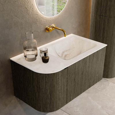 Ensemble de meuble de salle de bain Mondiaz KURVE-DLUX - 85x46x40cm - 1 tiroir - 1 porte - lavabo en solid surface - droite - sans trou de robinet - Shadow